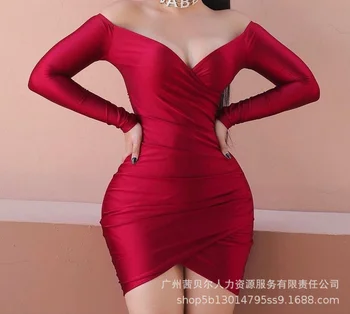 2023 Лятно дамско ново секси елегантна червена къса рокля с миризмата, дебнещ вечерна рокля с V-образно деколте и дълъг ръкав